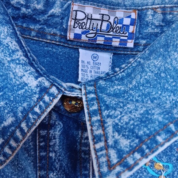 True Vintage Women's Medium Denim Shirt 90's Patty Blue Embroidered Coastal - Picture 4 of 10